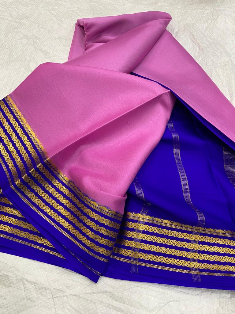 Pink Nd Royal Blue Semi Mysore Silk Saree