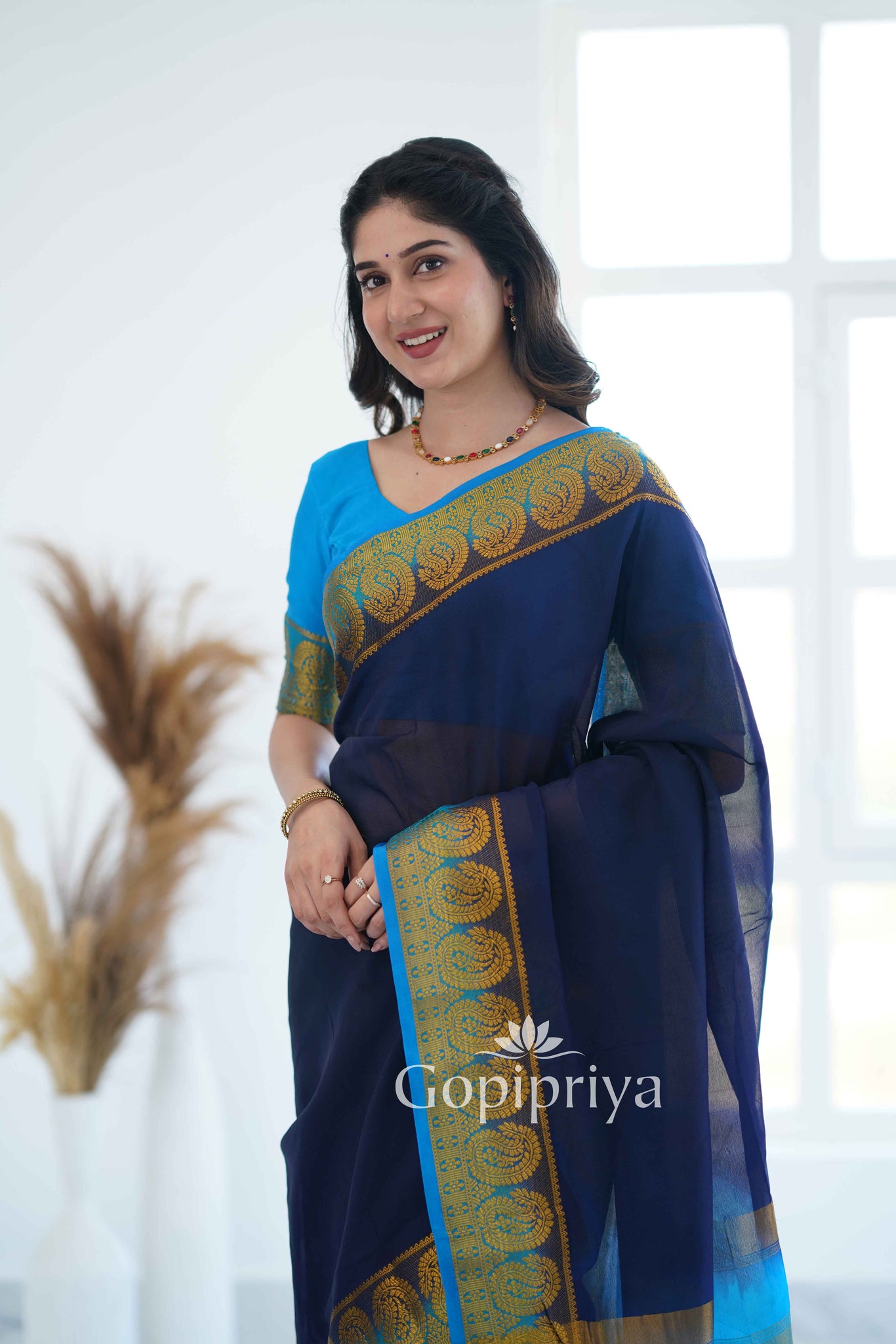 Sky Nd Blue Soft Semi Silk Saree With Golden Zari Border