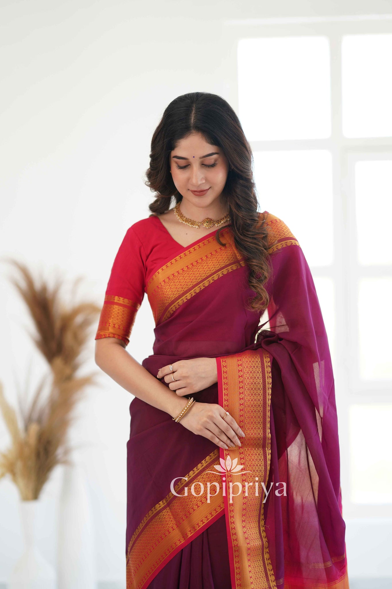 Wine Nd Pink Soft Semi Silk Saree With Golden Zari Border (Copy)