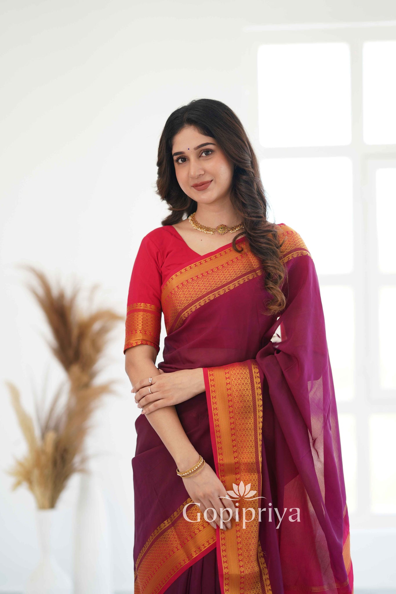 Wine Nd Pink Soft Semi Silk Saree With Golden Zari Border (Copy)