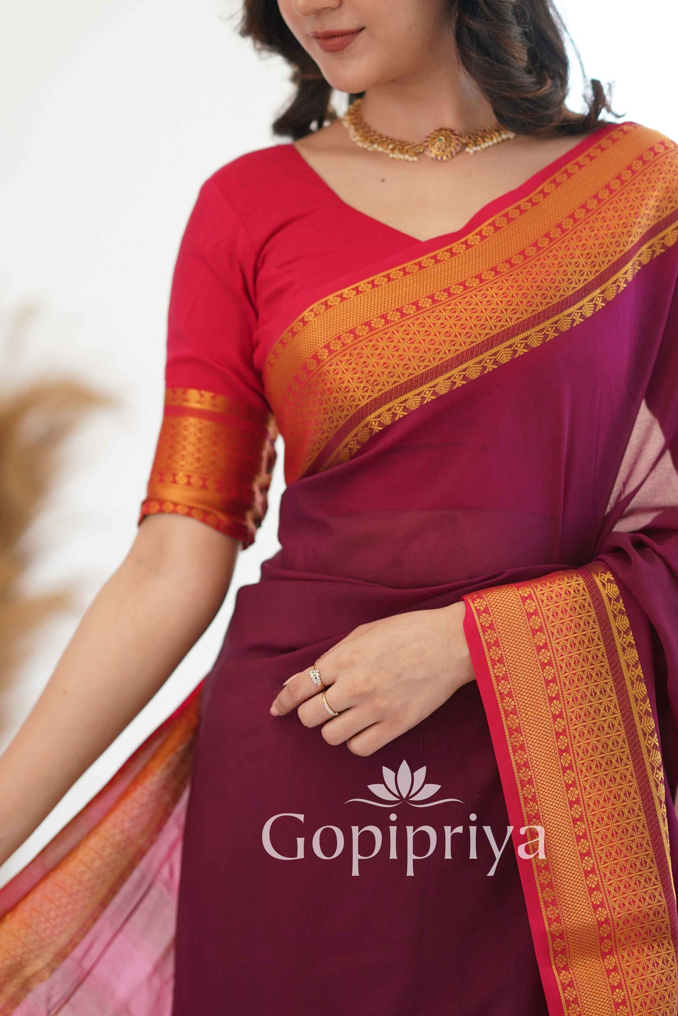 Wine Nd Pink Soft Semi Silk Saree With Golden Zari Border (Copy)