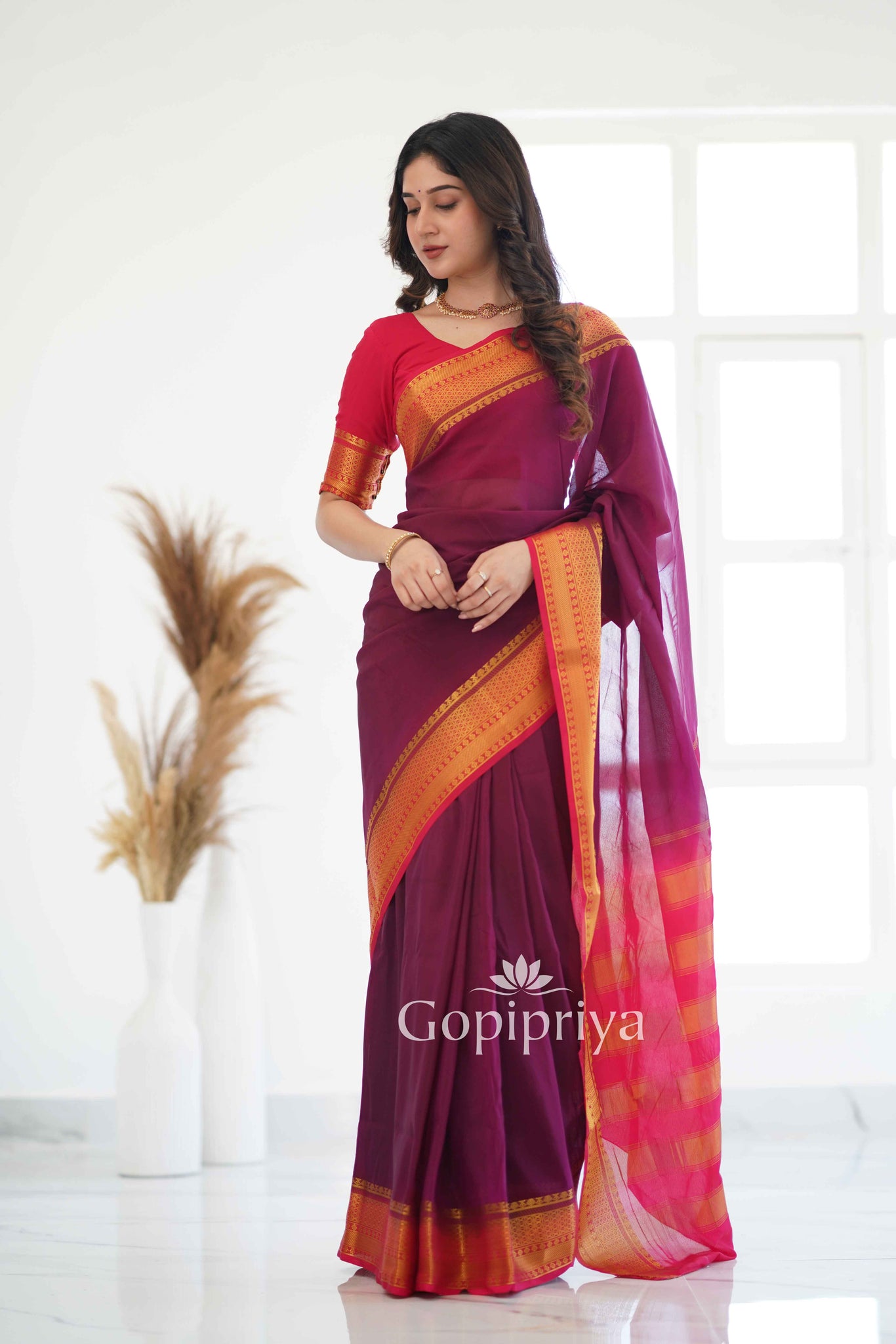 Wine Nd Pink Soft Semi Silk Saree With Golden Zari Border (Copy)