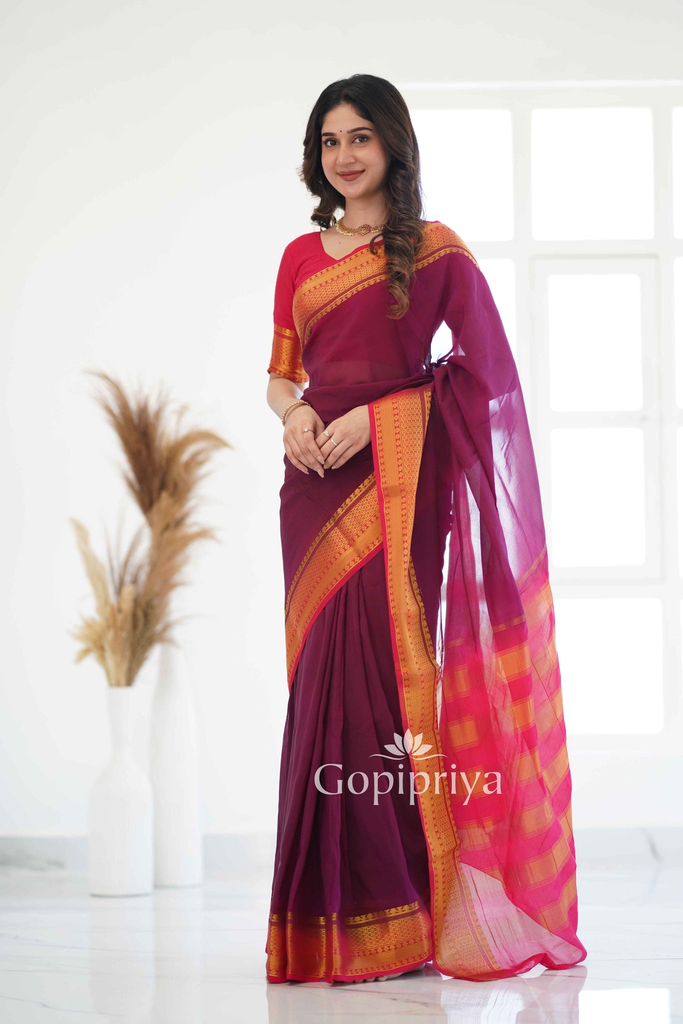 Wine Nd Pink Soft Semi Silk Saree With Golden Zari Border (Copy)