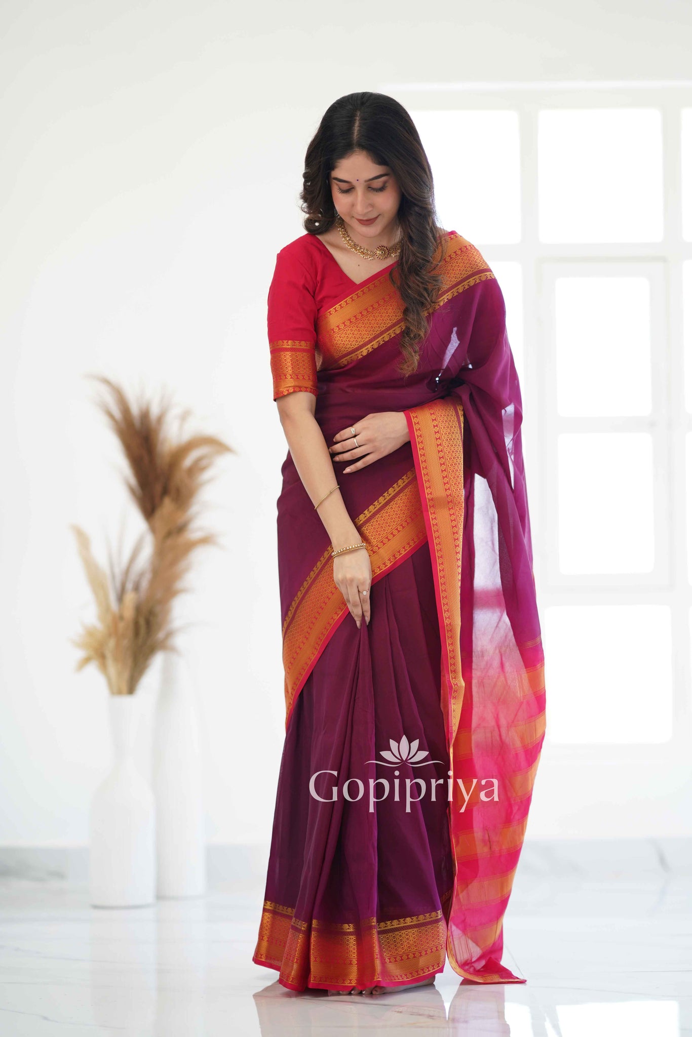 Wine Nd Pink Soft Semi Silk Saree With Golden Zari Border (Copy)