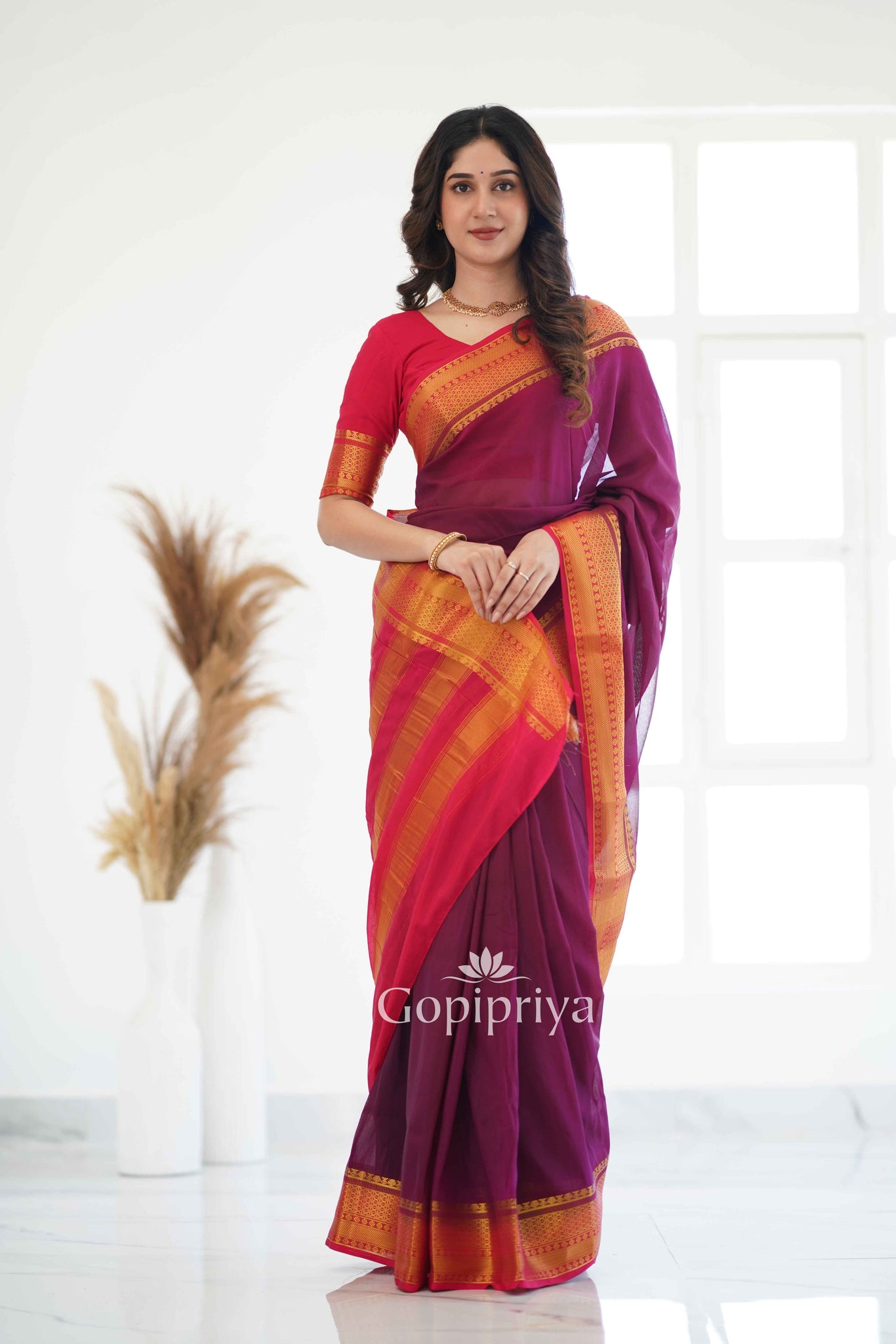 Wine Nd Pink Soft Semi Silk Saree With Golden Zari Border (Copy)