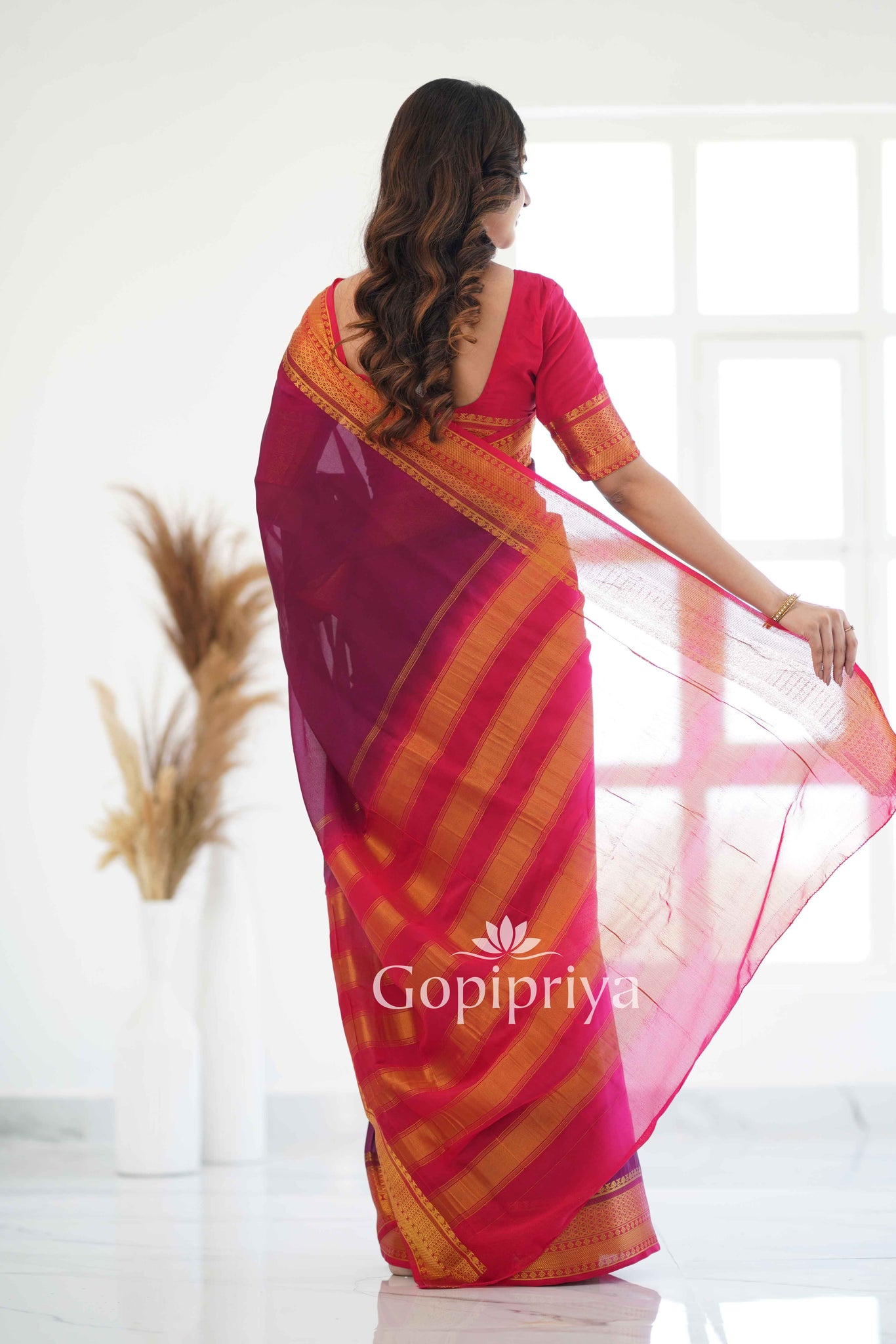 Wine Nd Pink Soft Semi Silk Saree With Golden Zari Border (Copy)