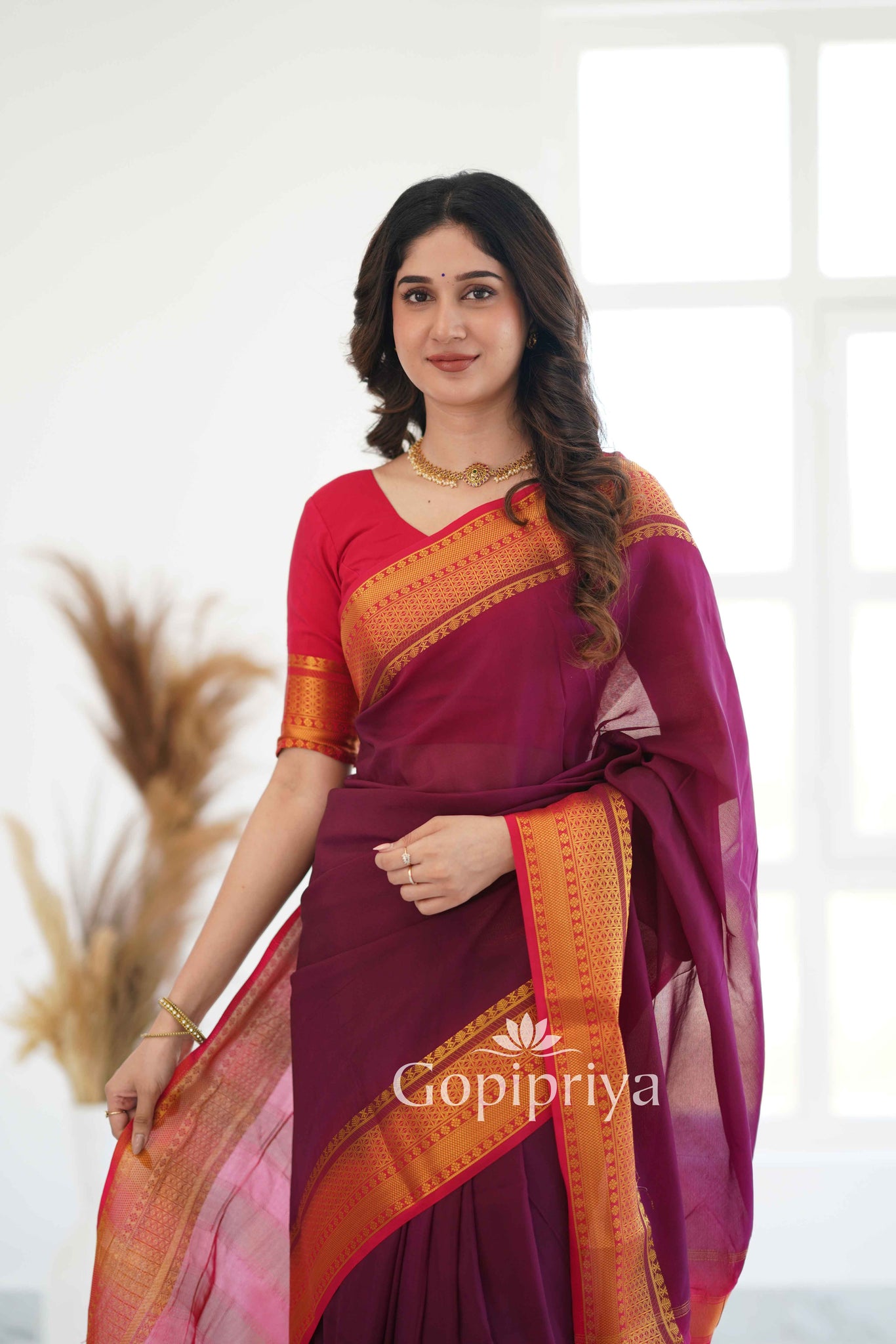 Wine Nd Pink Soft Semi Silk Saree With Golden Zari Border (Copy)