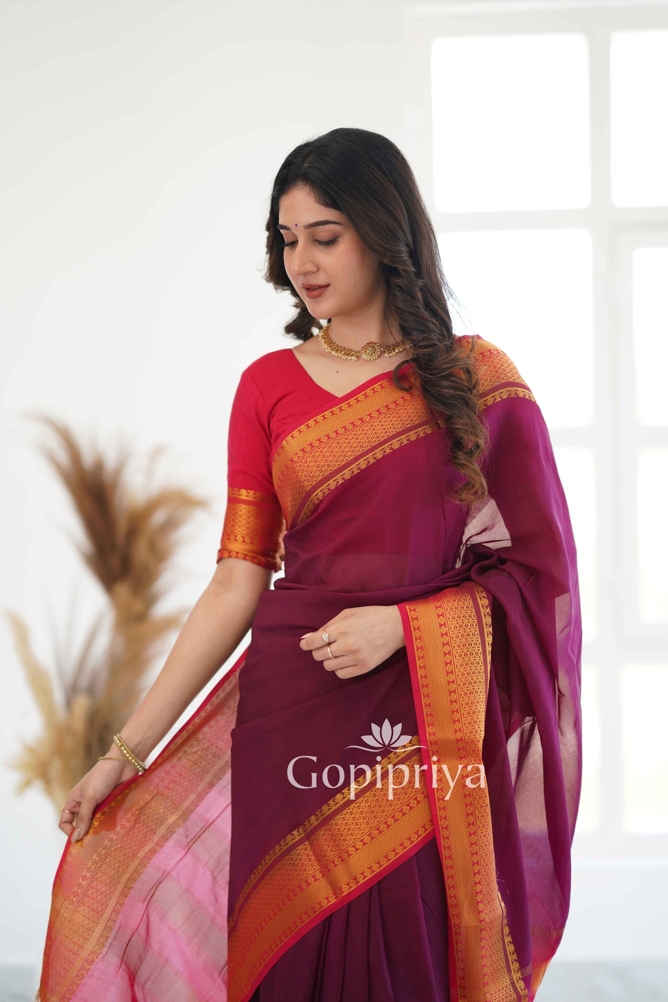 Wine Nd Pink Soft Semi Silk Saree With Golden Zari Border (Copy)