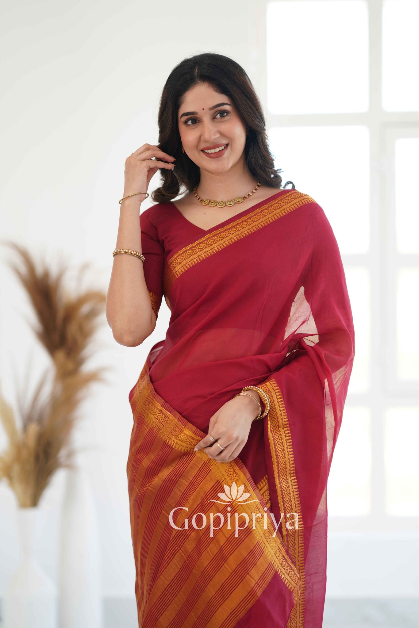 Marun Soft Semi Silk Saree With Golden Zari Border