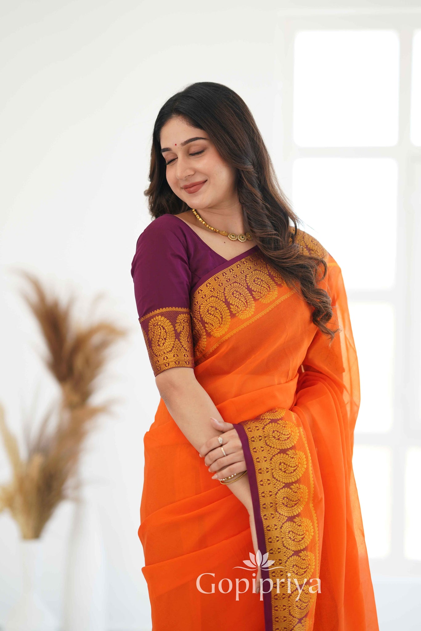 Orange Nd Wine Soft Semi Silk Saree With Golden Zari Border