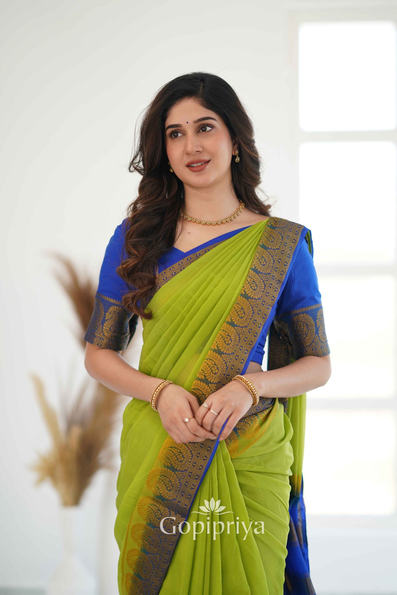 Pista Nd Blue Soft Semi Silk Saree With Golden Zari Border