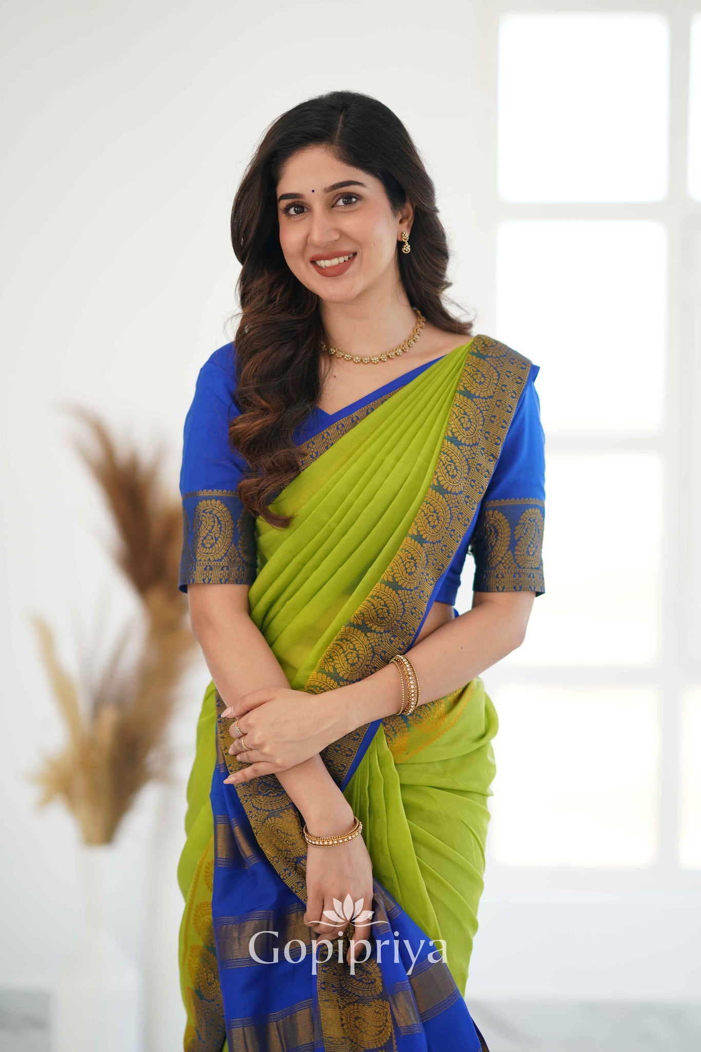 Pista Nd Blue Soft Semi Silk Saree With Golden Zari Border