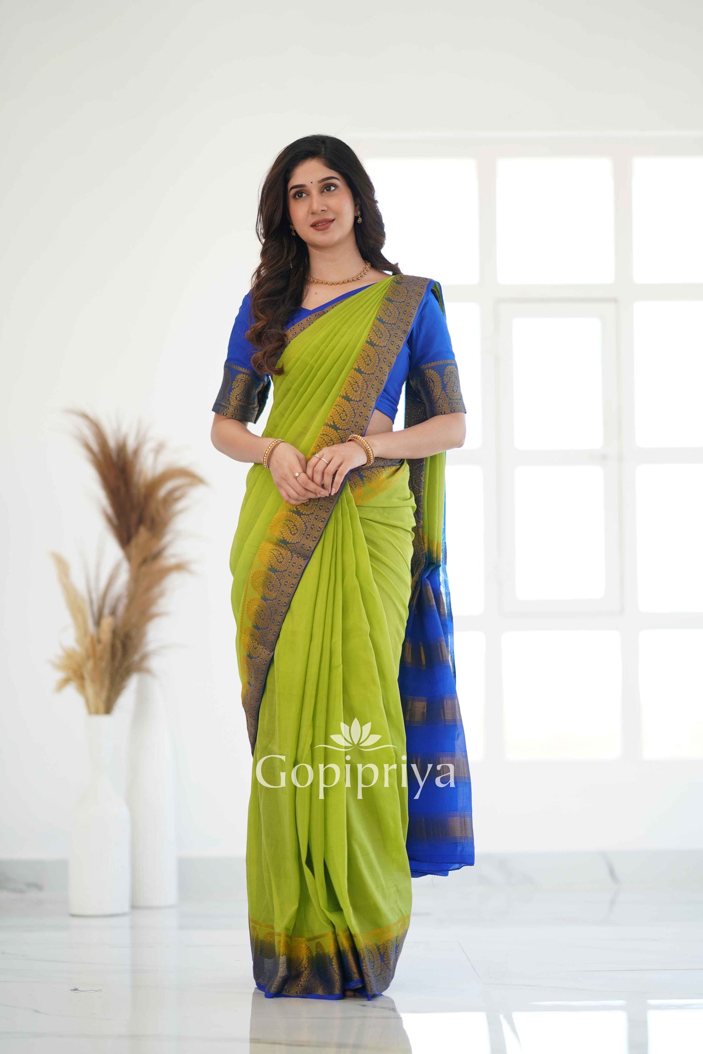 Pista Nd Blue Soft Semi Silk Saree With Golden Zari Border