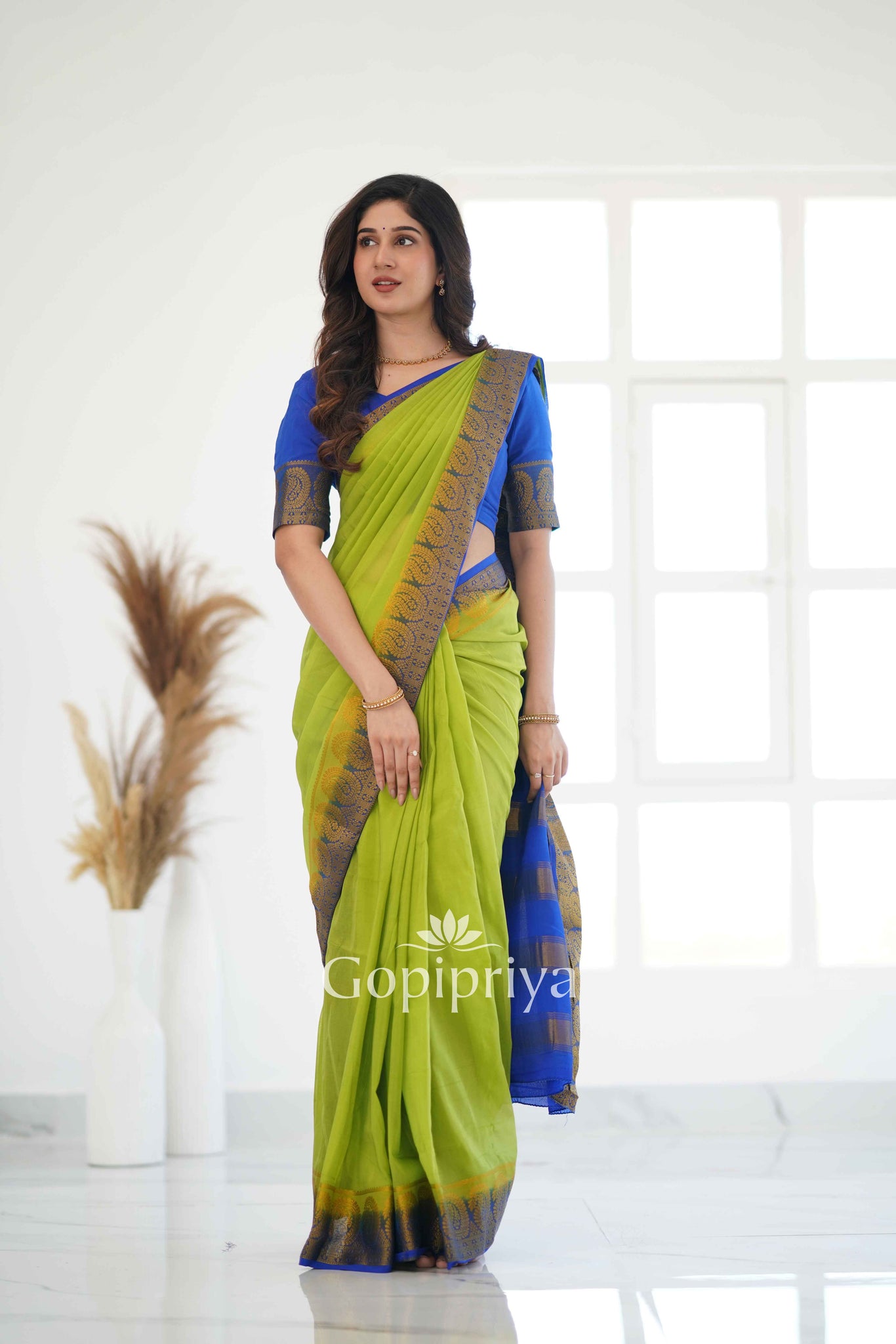 Pista Nd Blue Soft Semi Silk Saree With Golden Zari Border