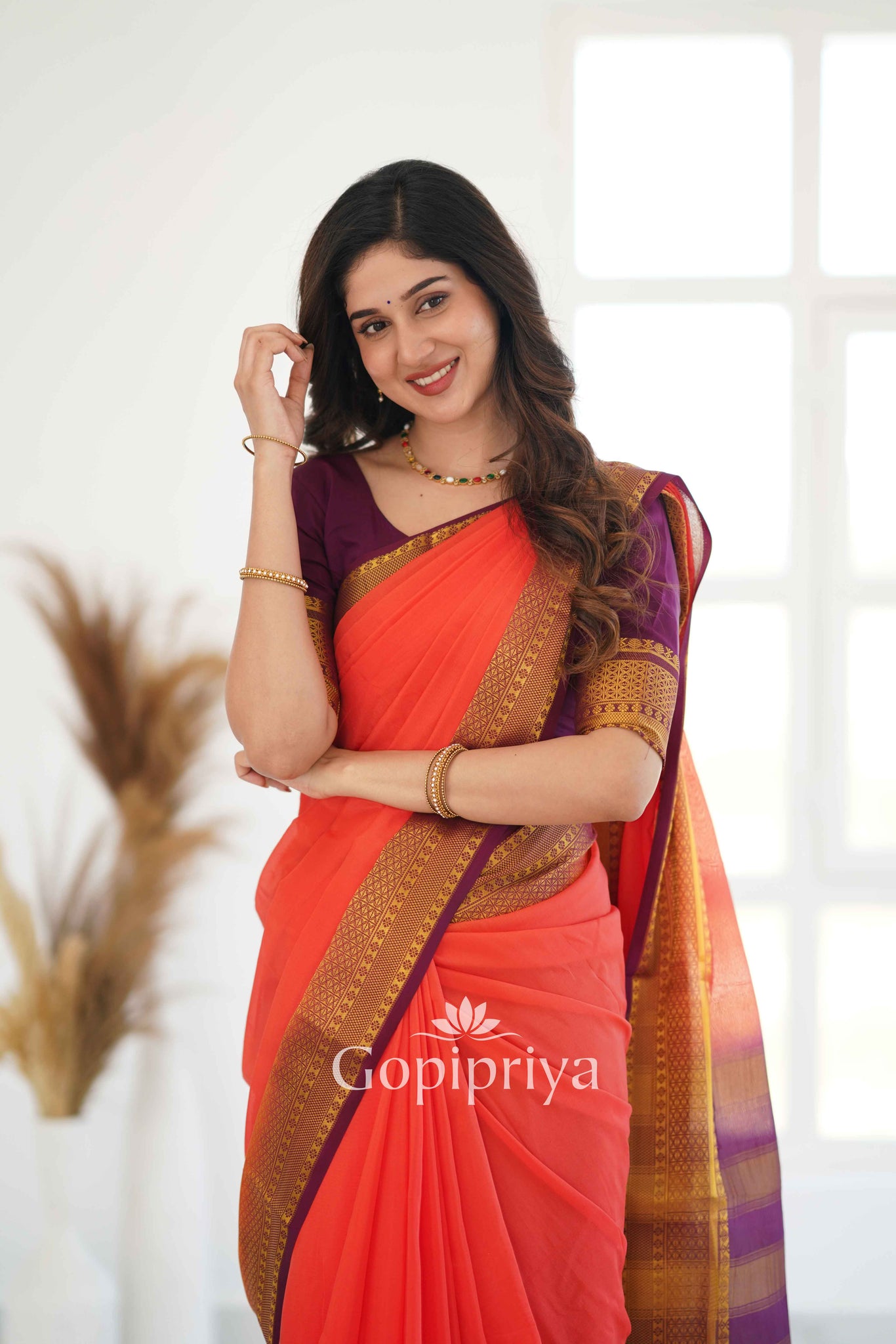 Gajri Nd Wine Soft Semi Silk Saree With Golden Zari Border