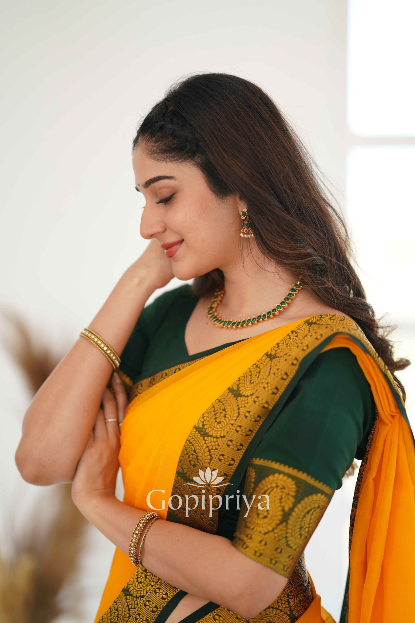 Yellow Nd Green Soft Semi Silk Saree With Golden Zari Border