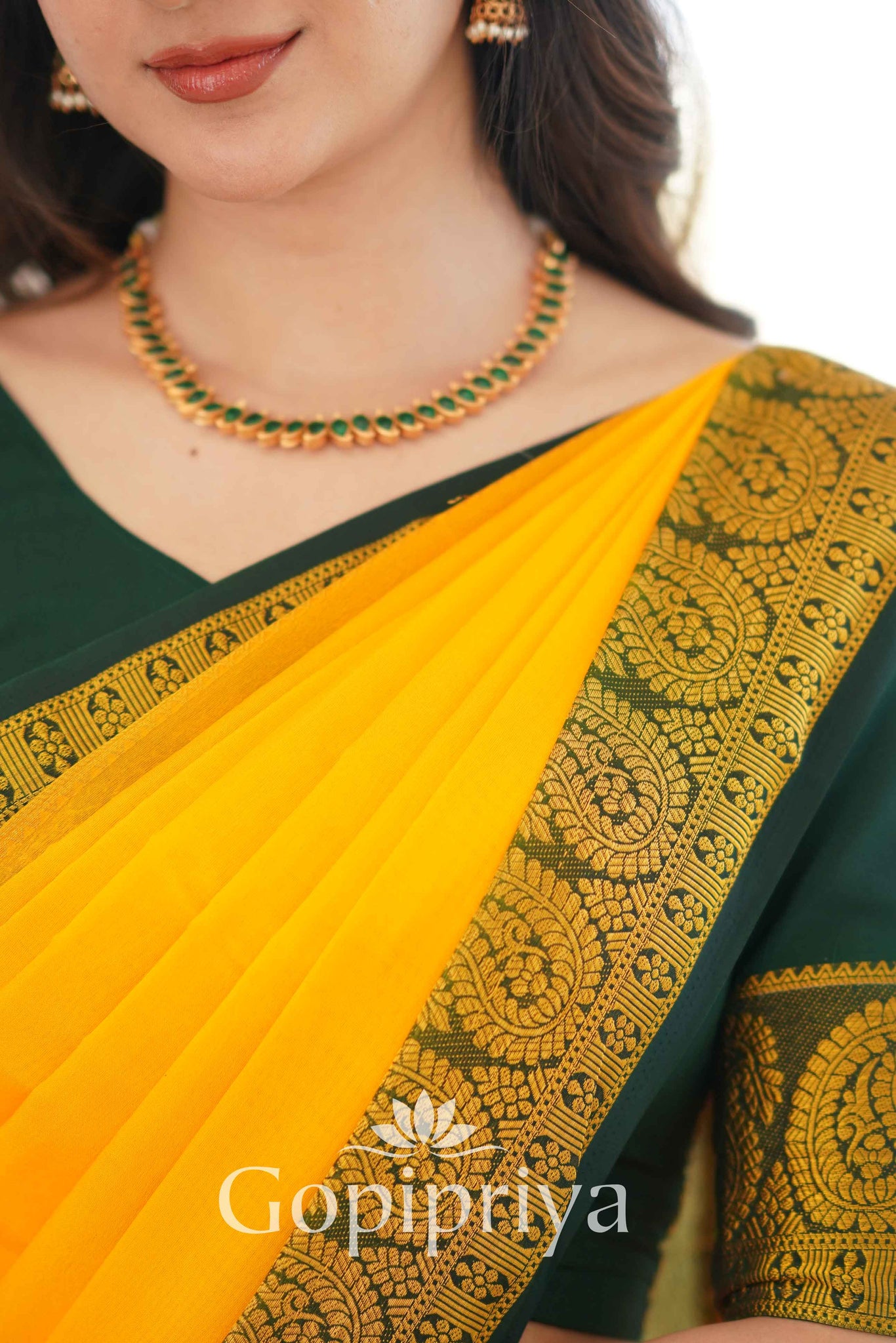 Yellow Nd Green Soft Semi Silk Saree With Golden Zari Border