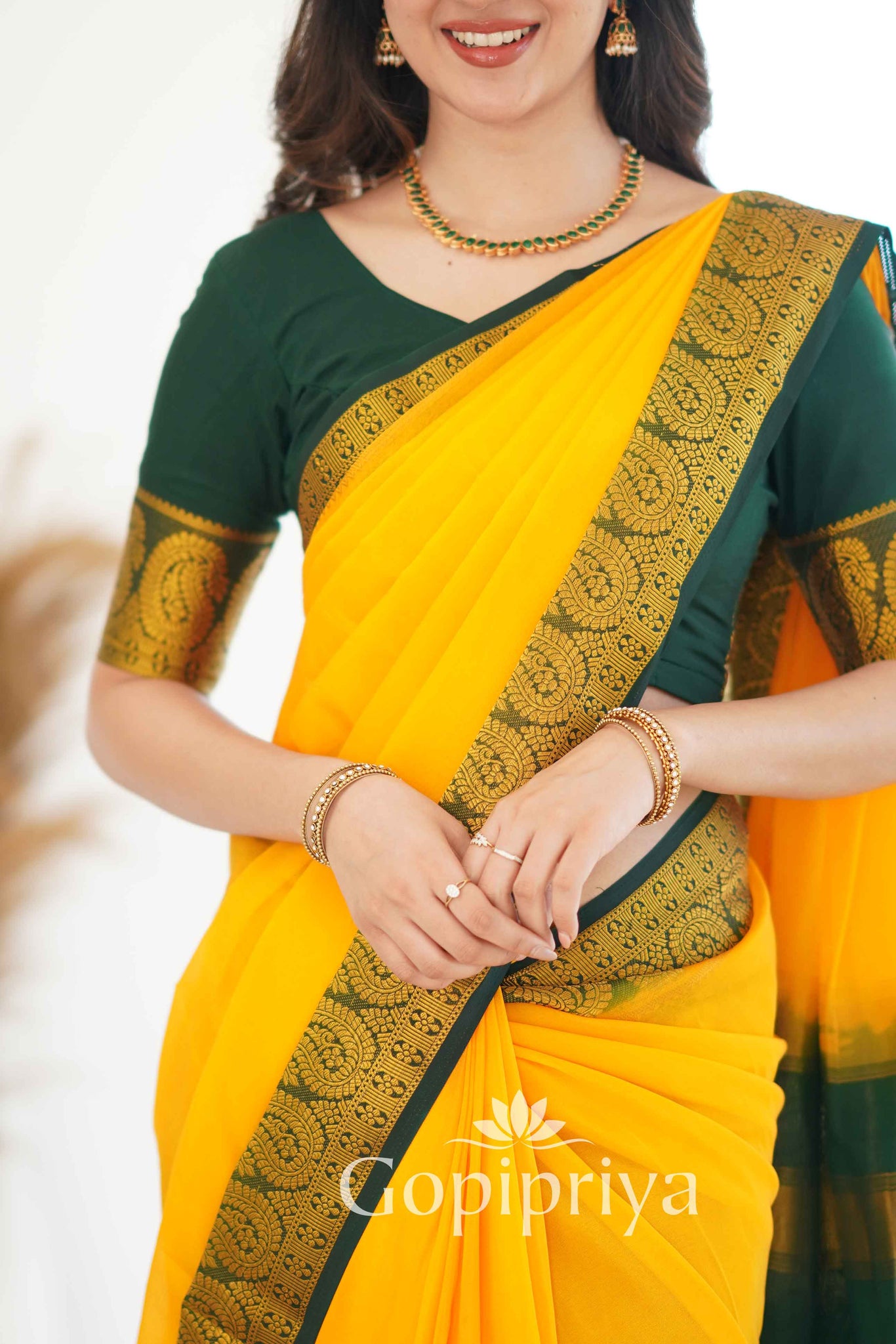 Yellow Nd Green Soft Semi Silk Saree With Golden Zari Border