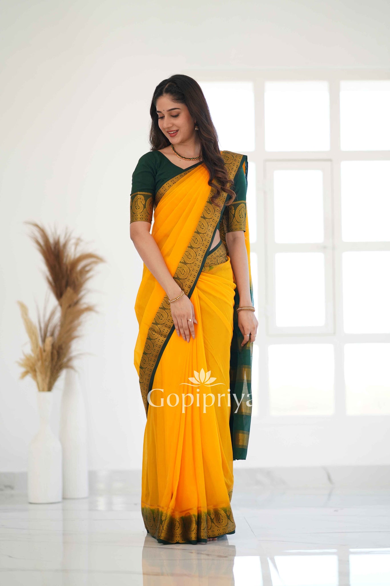 Yellow Nd Green Soft Semi Silk Saree With Golden Zari Border