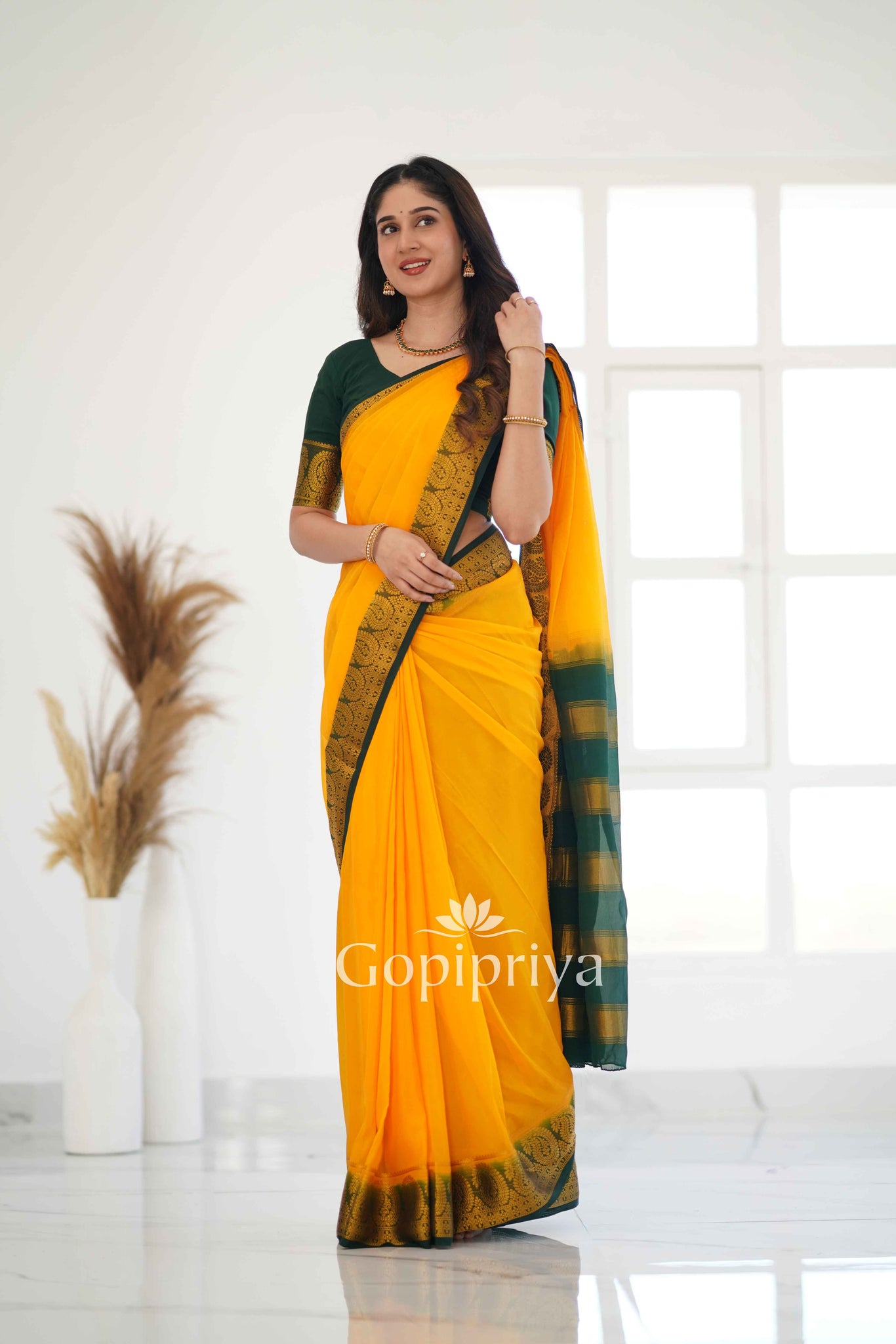 Yellow Nd Green Soft Semi Silk Saree With Golden Zari Border