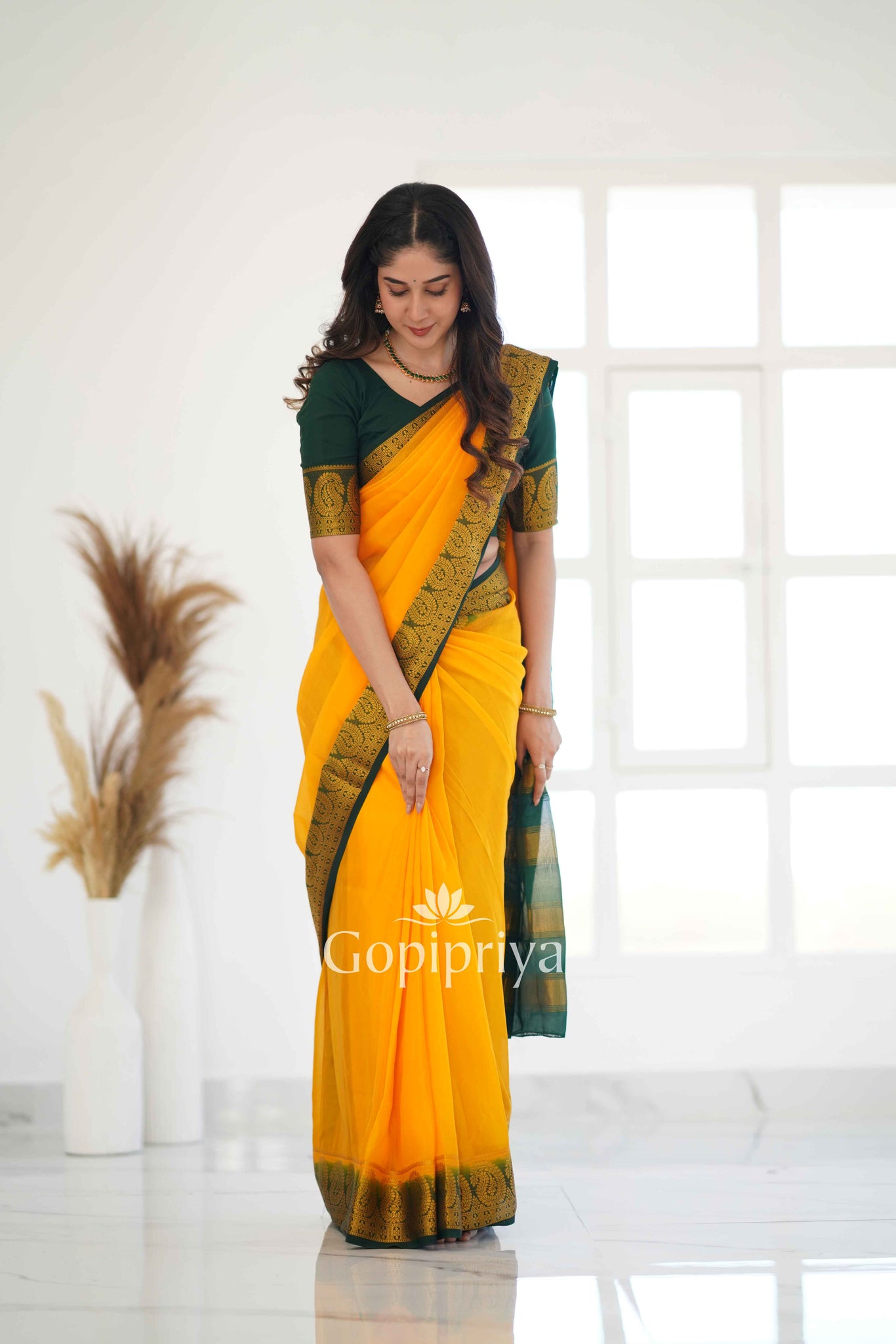 Yellow Nd Green Soft Semi Silk Saree With Golden Zari Border