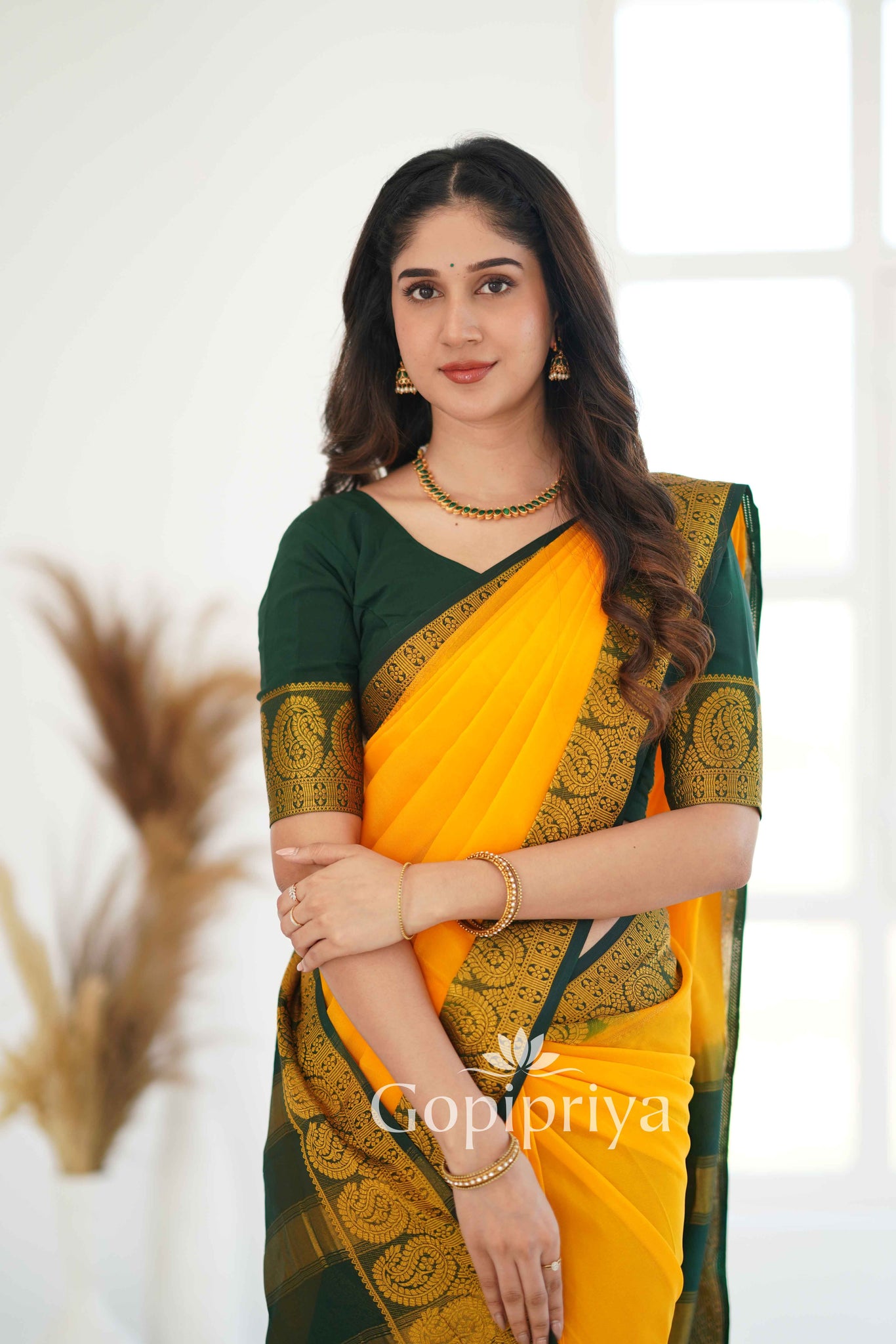 Yellow Nd Green Soft Semi Silk Saree With Golden Zari Border