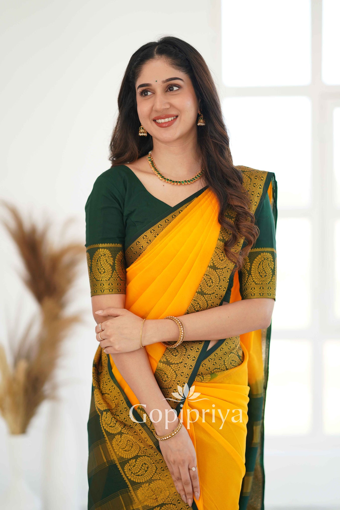 Yellow Nd Green Soft Semi Silk Saree With Golden Zari Border