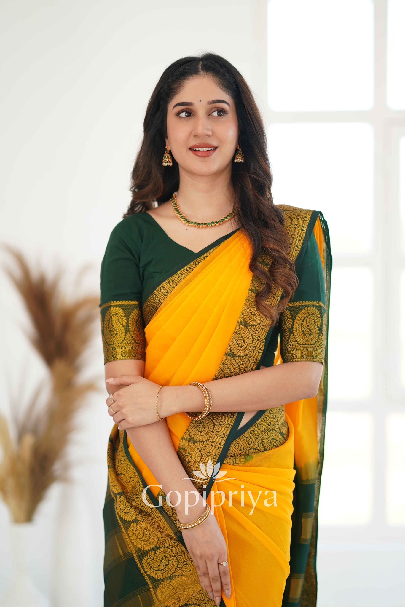 Yellow Nd Green Soft Semi Silk Saree With Golden Zari Border