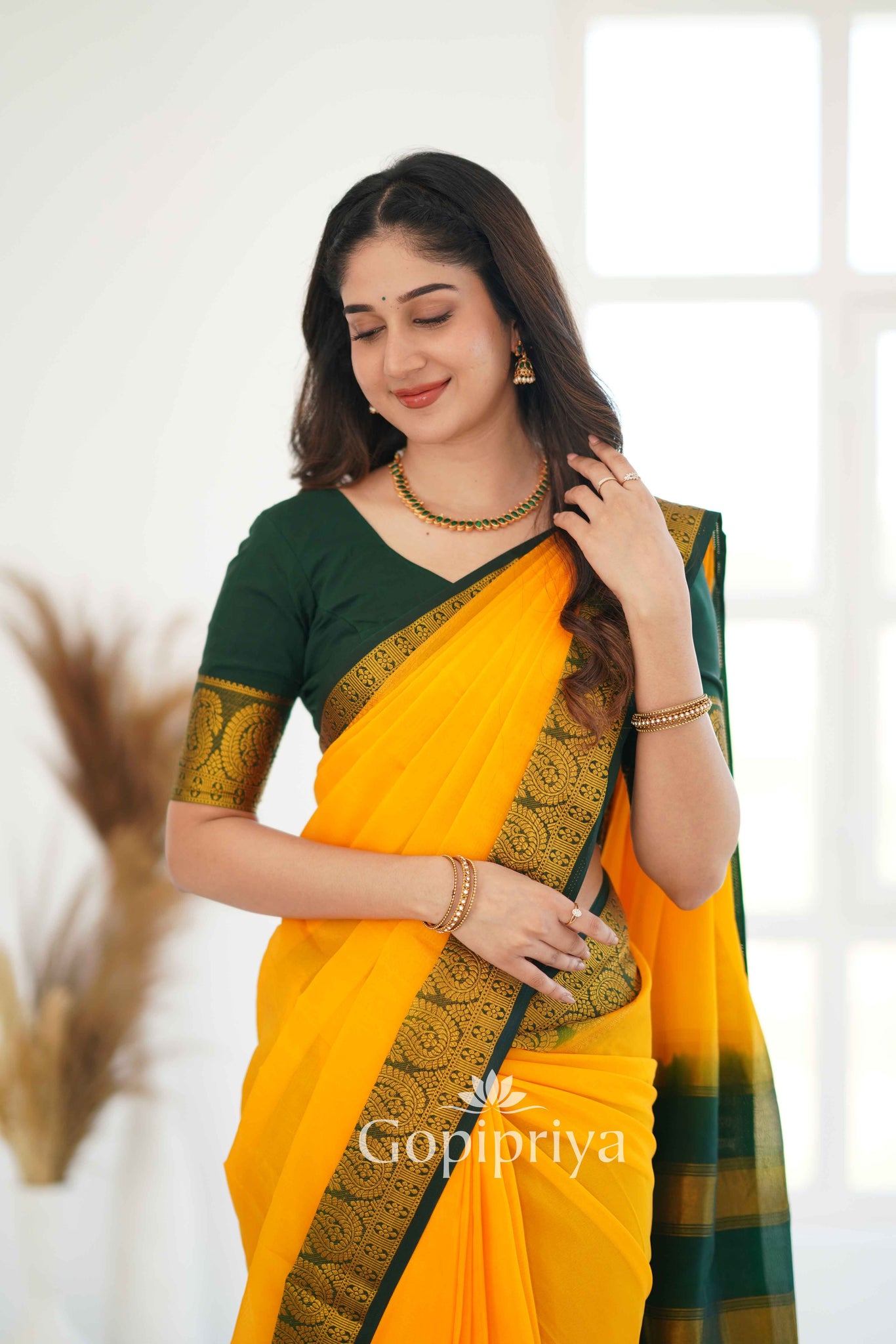 Yellow Nd Green Soft Semi Silk Saree With Golden Zari Border