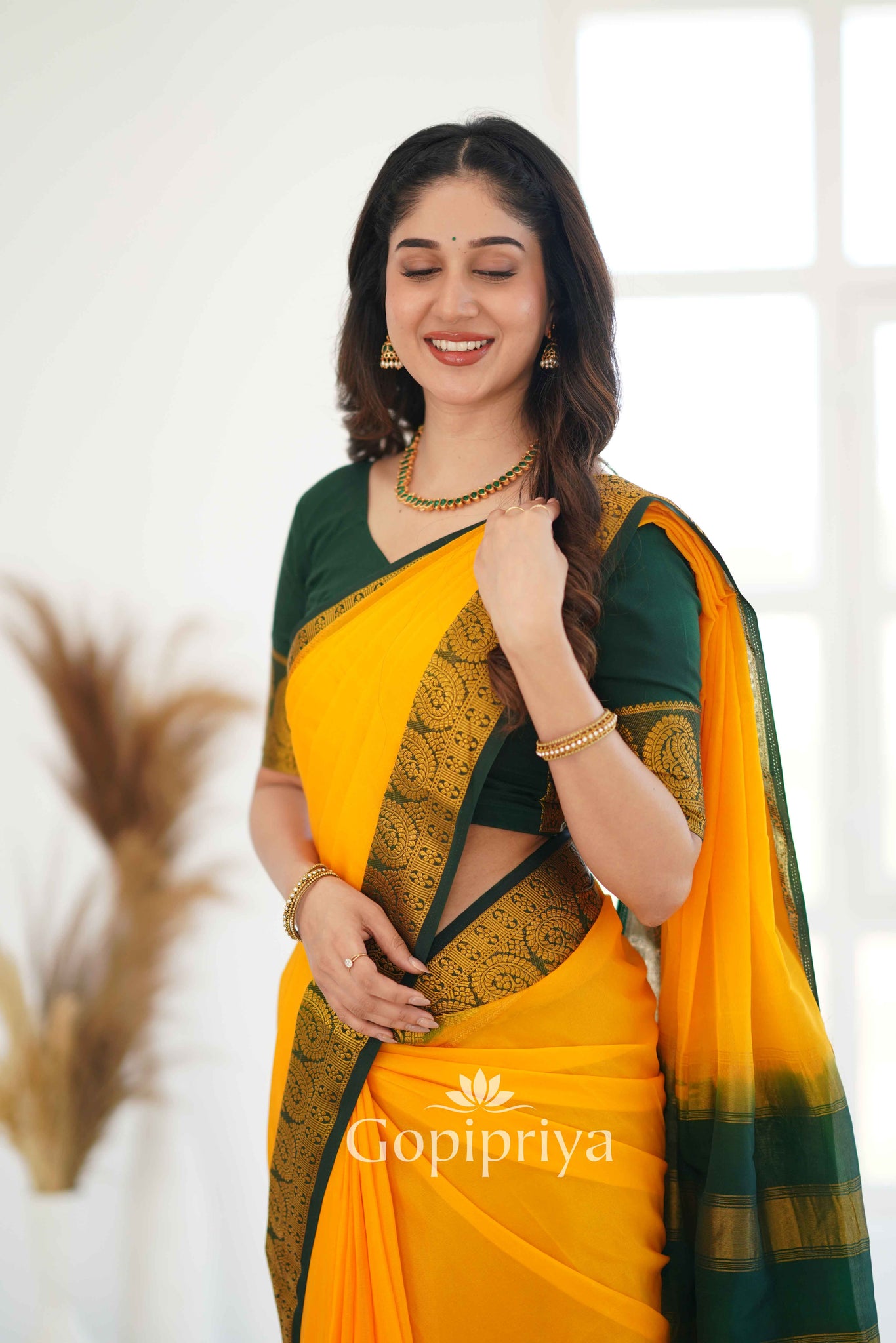 Yellow Nd Green Soft Semi Silk Saree With Golden Zari Border