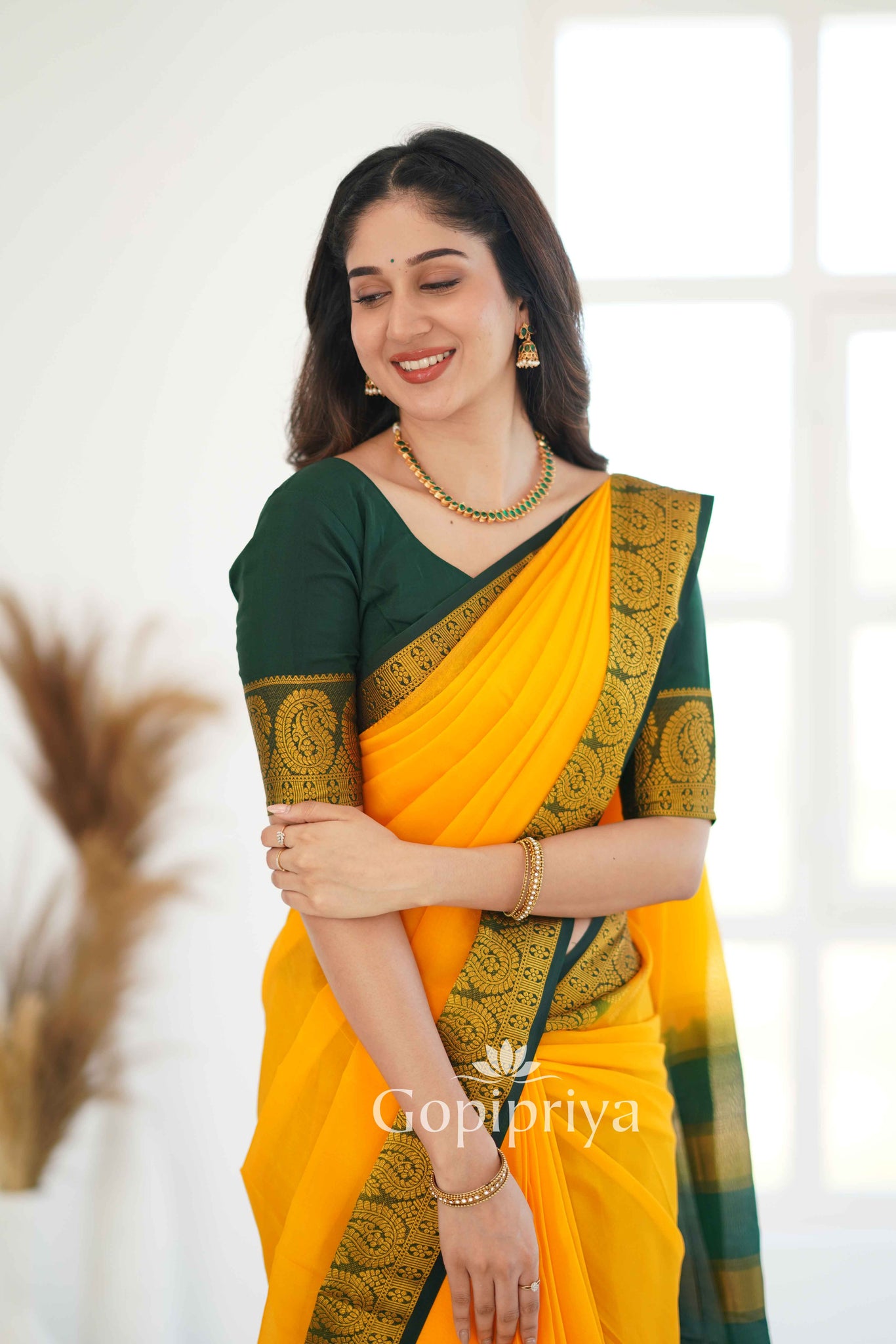 Yellow Nd Green Soft Semi Silk Saree With Golden Zari Border