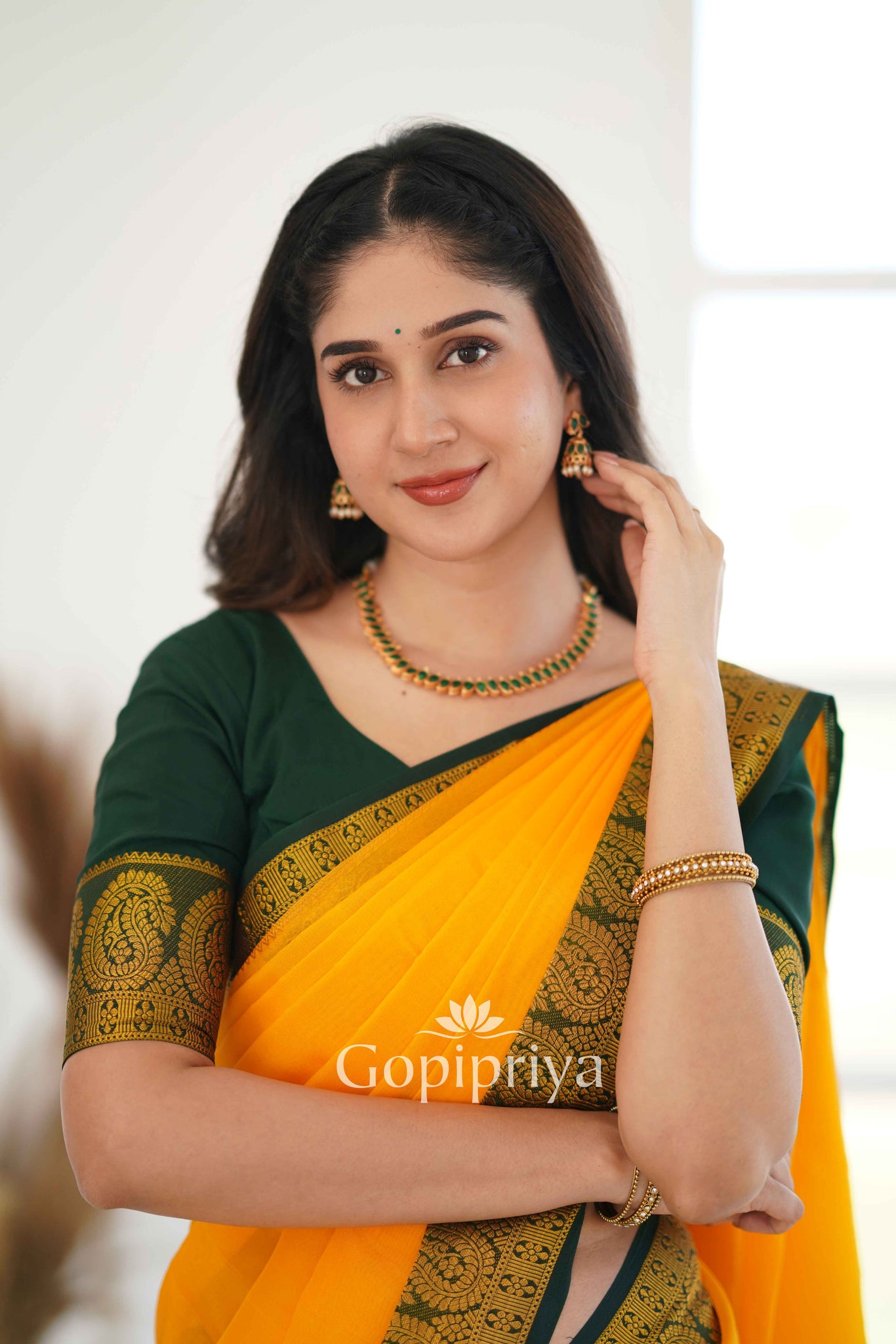 Yellow Nd Green Soft Semi Silk Saree With Golden Zari Border