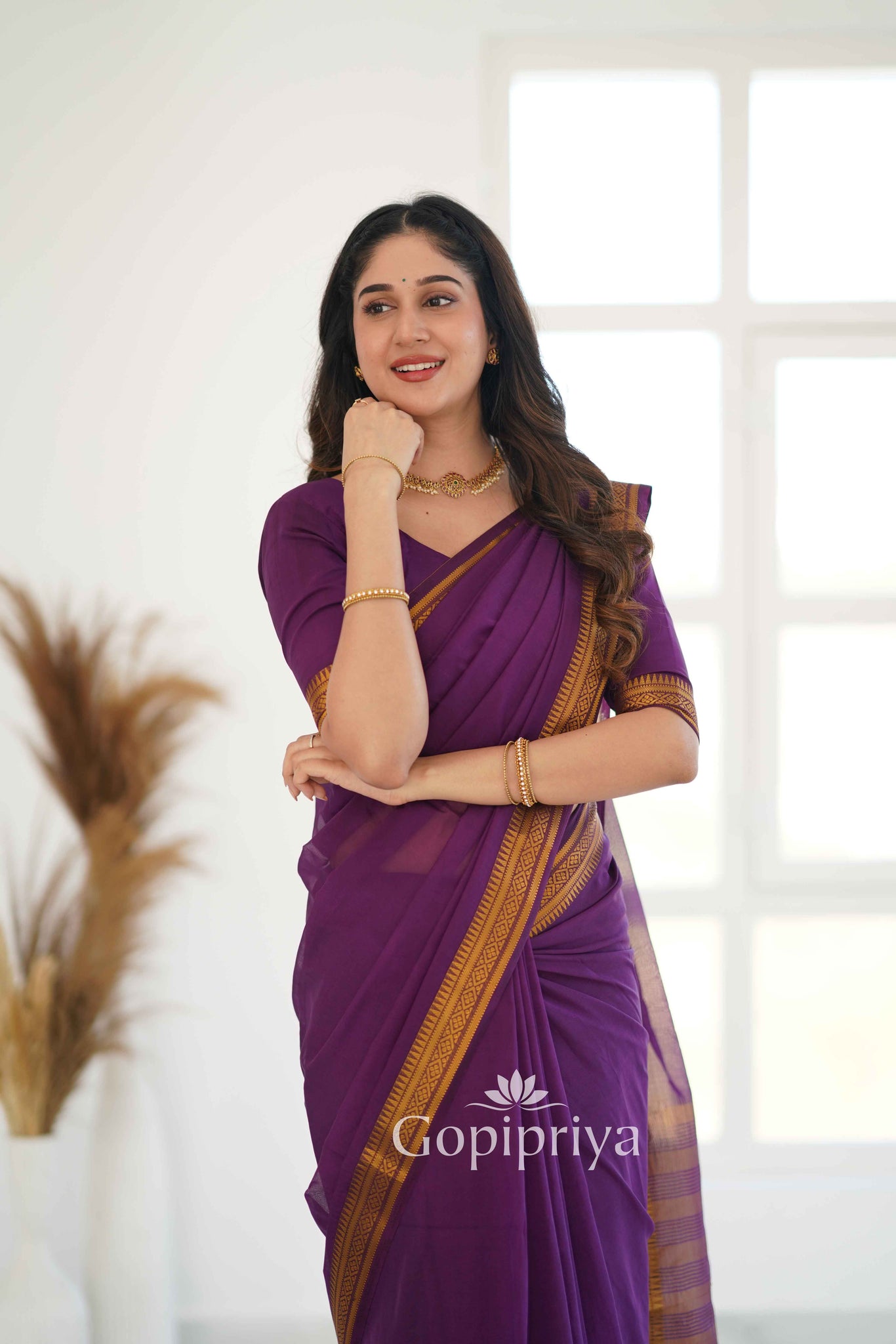 Wine Soft Semi Silk Saree With Golden Zari Border