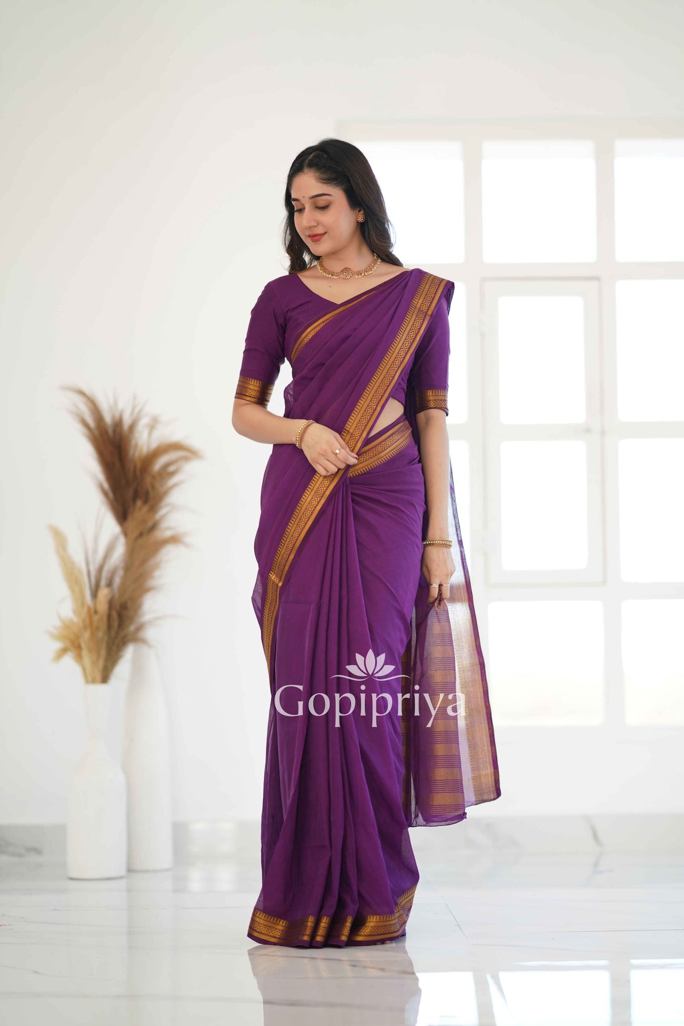 Wine Soft Semi Silk Saree With Golden Zari Border