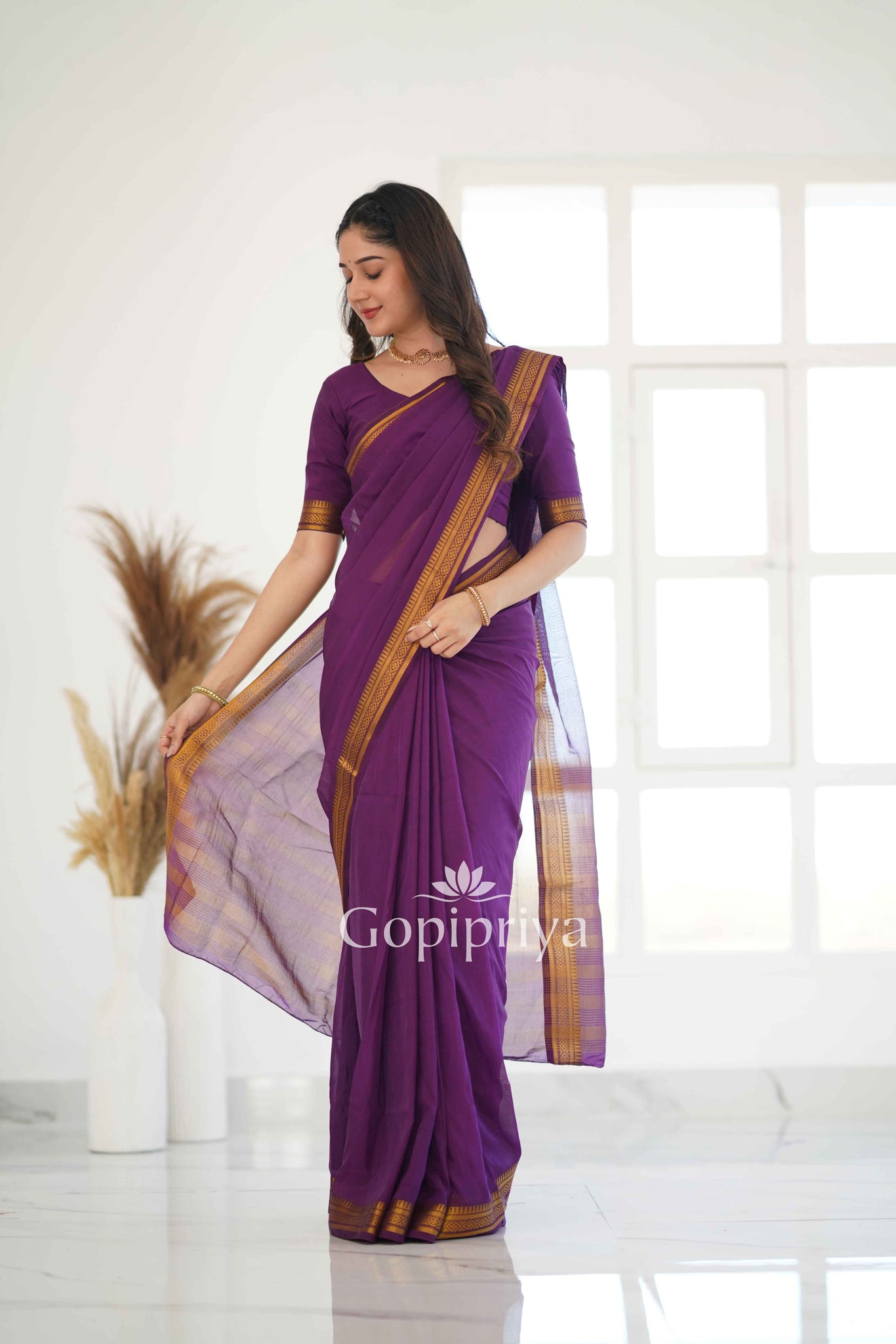 Wine Soft Semi Silk Saree With Golden Zari Border