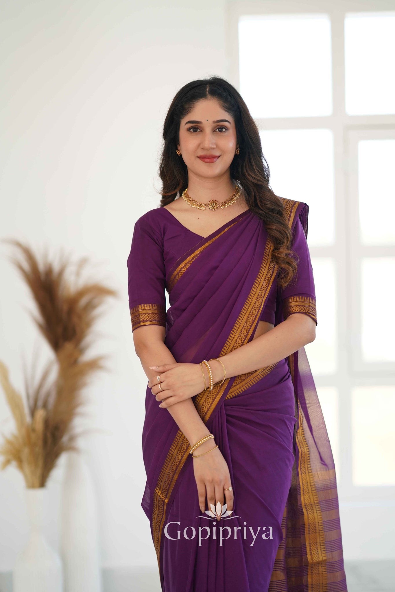 Wine Soft Semi Silk Saree With Golden Zari Border