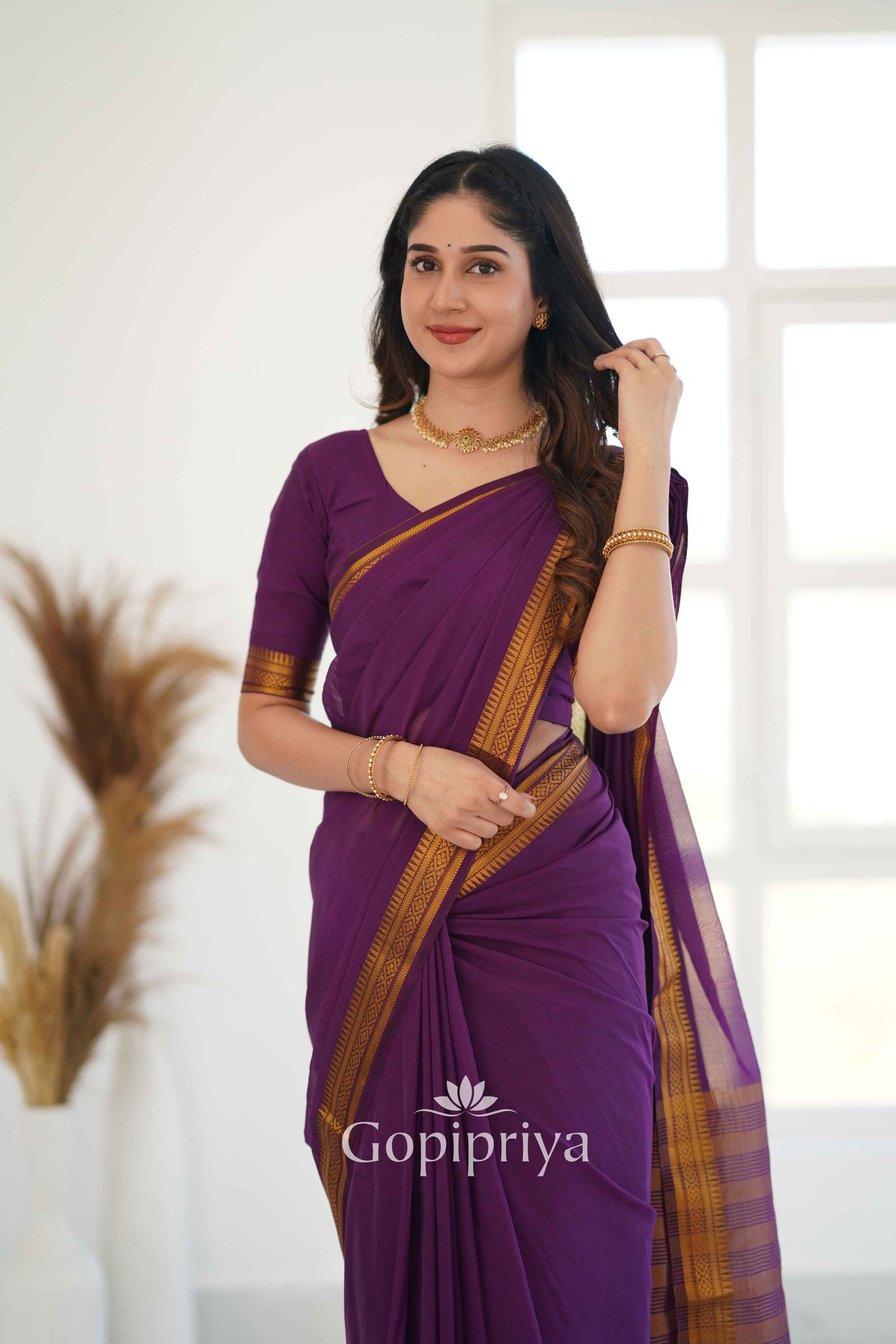 Wine Soft Semi Silk Saree With Golden Zari Border