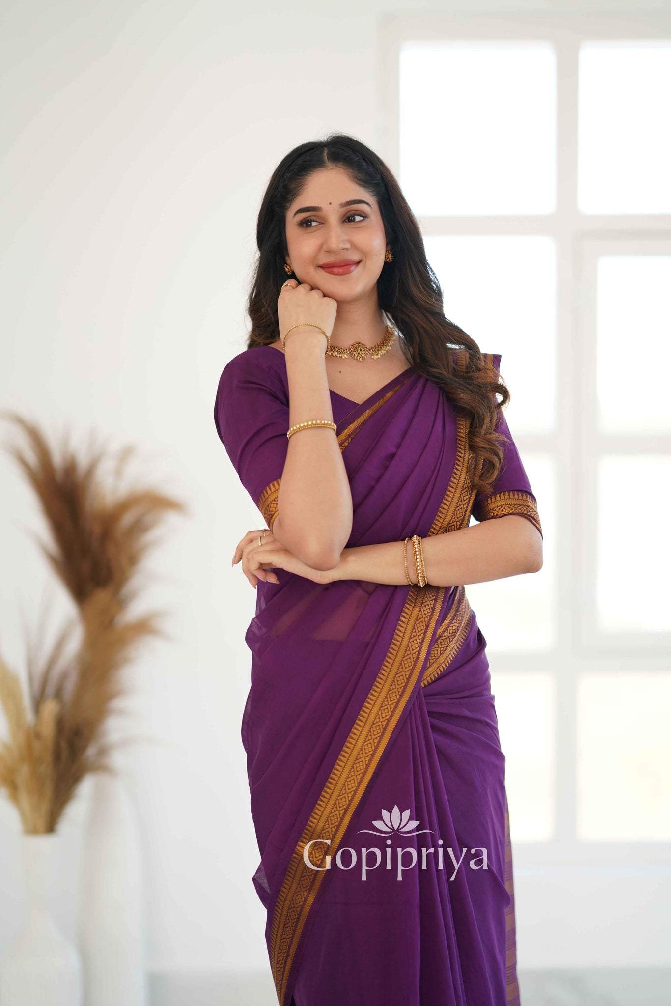 Wine Soft Semi Silk Saree With Golden Zari Border