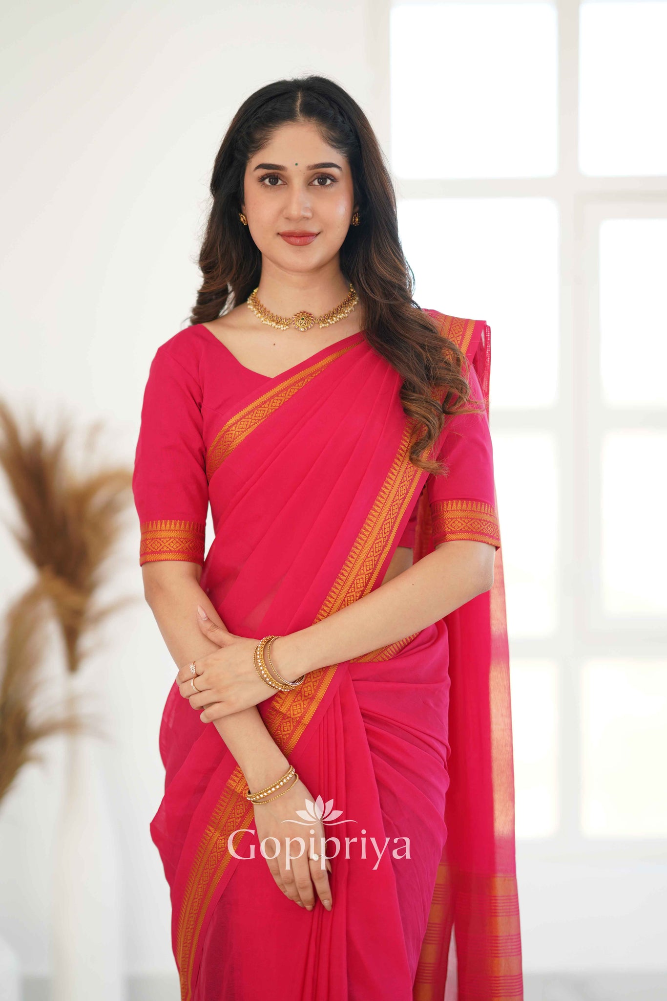 Pink Soft Semi Silk Saree With Golden Zari Border